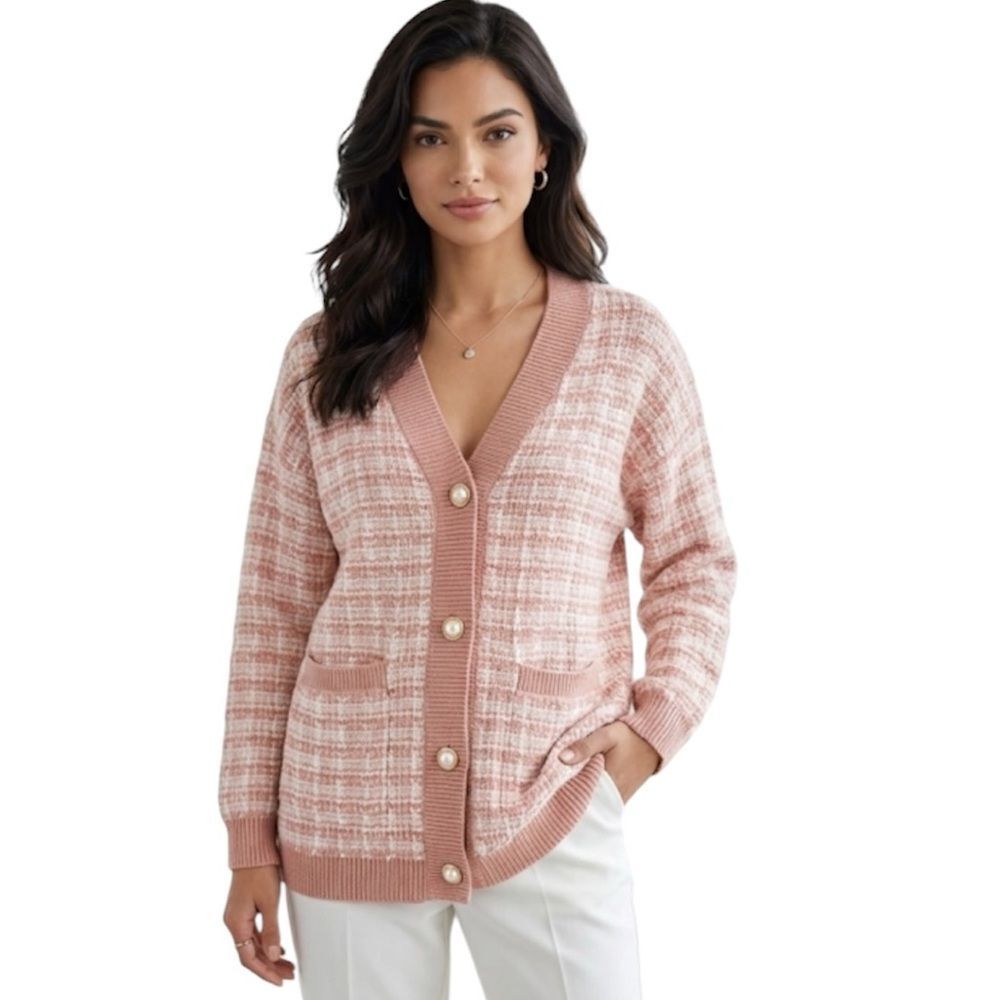 Babaton Aritzia 100% Merino Wool Lacer Plaid Cardigan Size XS Pink Pearl Buttons